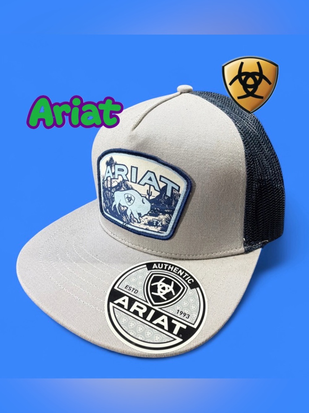 Ariat Hat Trucker Mens Gray Navy Buffalo Bison Patch Snapback NWT Western TX
